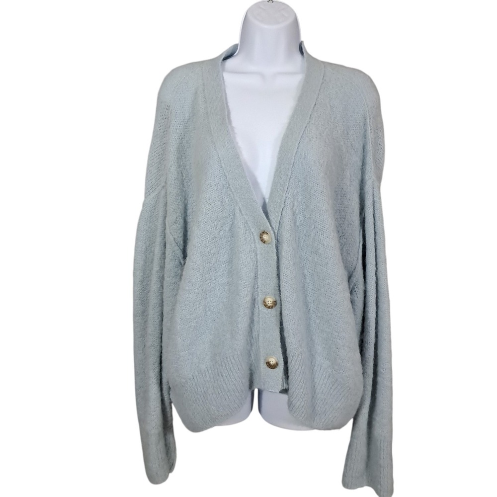 Free People Cardigan Medium Alpaca Wool Blend Blue Oversized Slounchy Boho Cozy